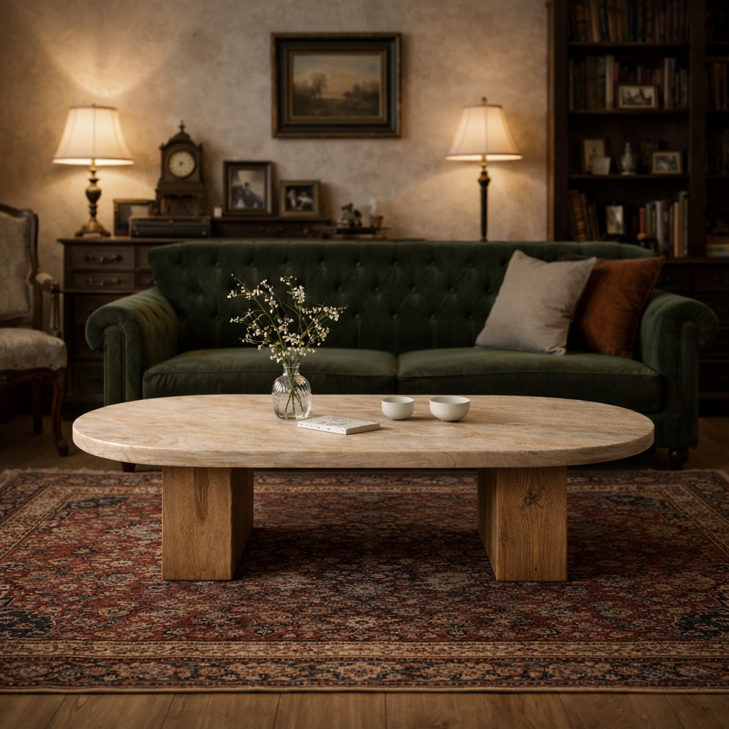 Light Oak Oval Solid Wood Coffee Table Minimalist Balance Contemporary Living Room Interior SINLKICF296