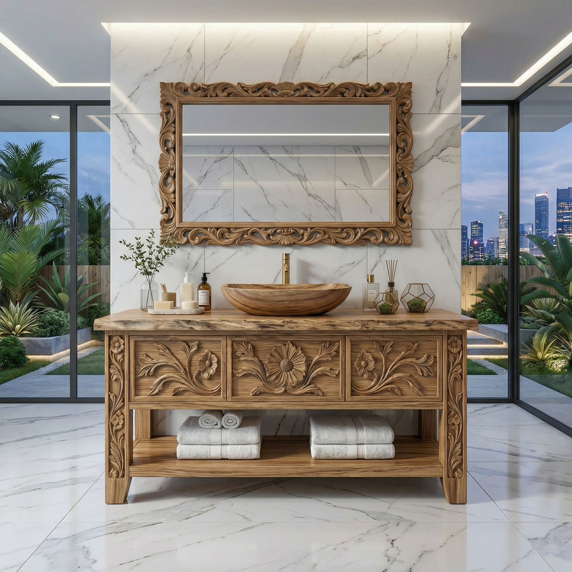 Rustic Hand Carved Solid Wood Bathroom Vanity Decorative Panel Cabinet SINLKIBRV275