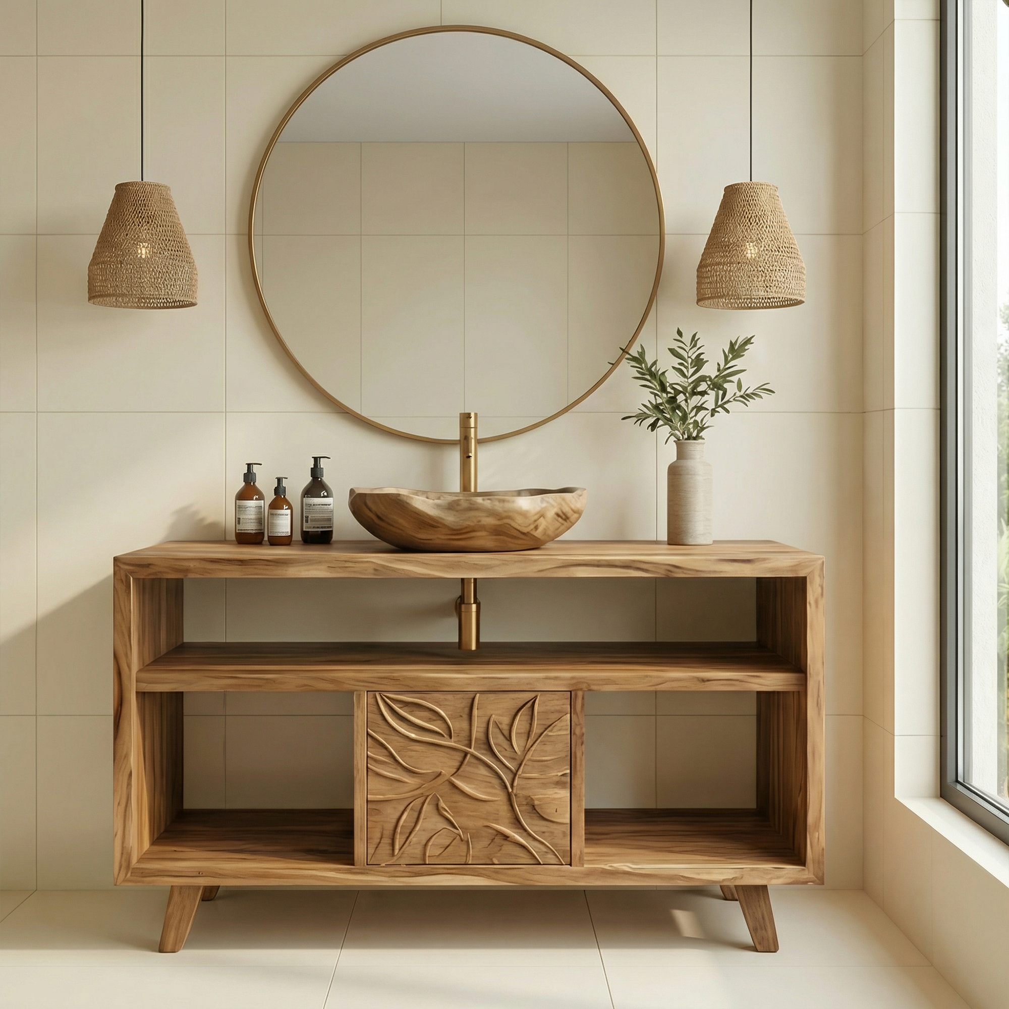 Contemporary Solid Wood Bathroom Vanity Open Niche Carved Door Cabine SINLKIBRV278