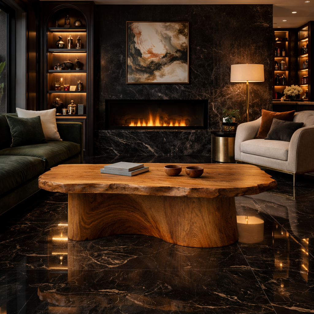 Soft Edge Organic Solid Wood Coffee Table Sculpted Base Serene Modern Living Room Interior SINLKICF295