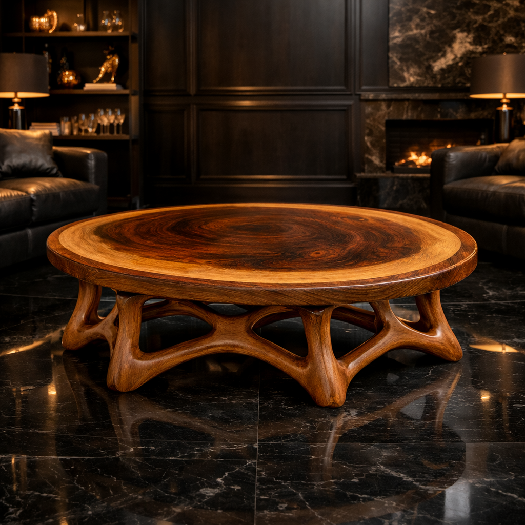 Round Sculptural Solid Wood Coffee Table Organic Base Modern Living Room Interior SINLKICF305