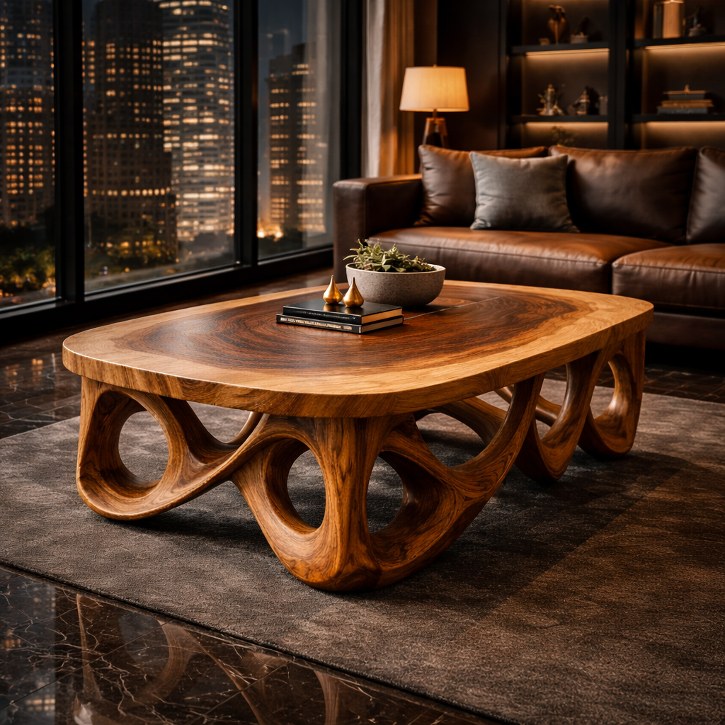 Urban Sculpted Solid Wood Coffee Table Flowing Arch Base Modern Living Room Interior SINLKICF301