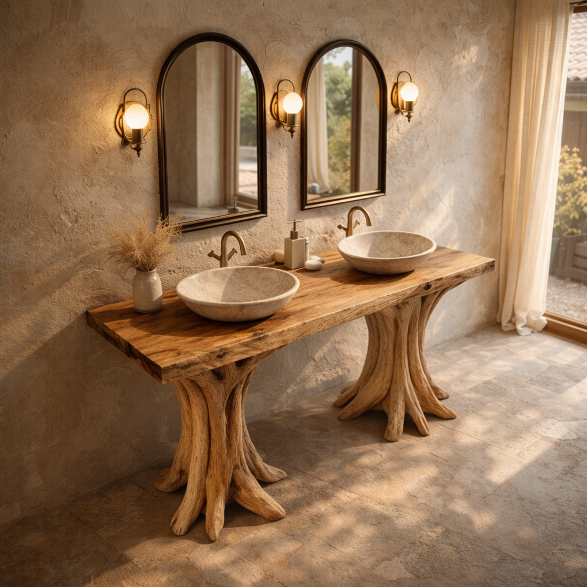 Luxury Sculptural Solid Wood Bathroom Console Table Tree Base Design SINLKIBRV267