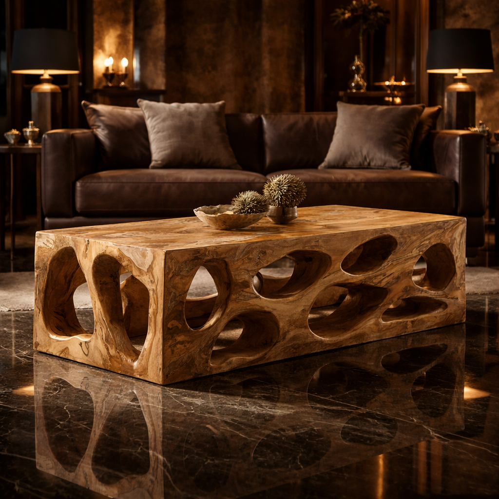 Organic Hollow Carved Solid Wood Coffee Table Sculptural Statement Warm Living Room Interior SINLKICF300