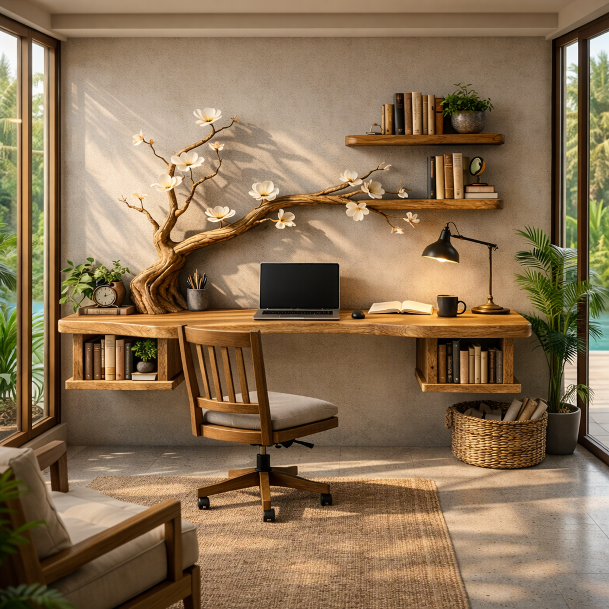 Organic Sculptural Floating Desk With Tree Branch Art For Home Office SINLKIDK087