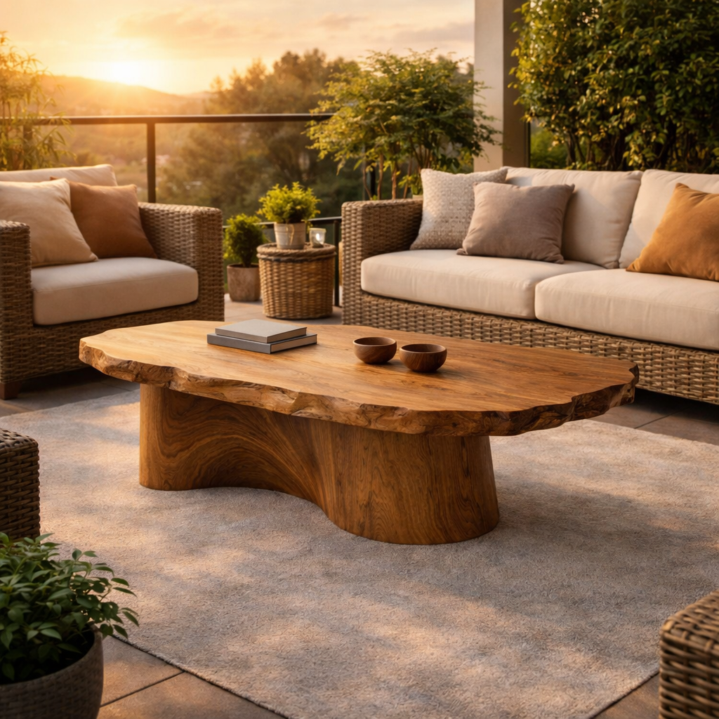 Soft Edge Organic Solid Wood Coffee Table Sculpted Base Serene Modern Living Room Interior SINLKICF295