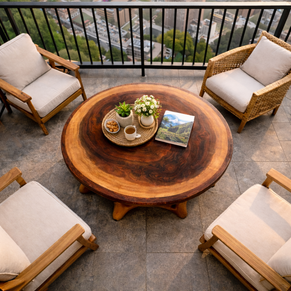 Round Sculptural Solid Wood Coffee Table Organic Base Modern Living Room Interior SINLKICF305