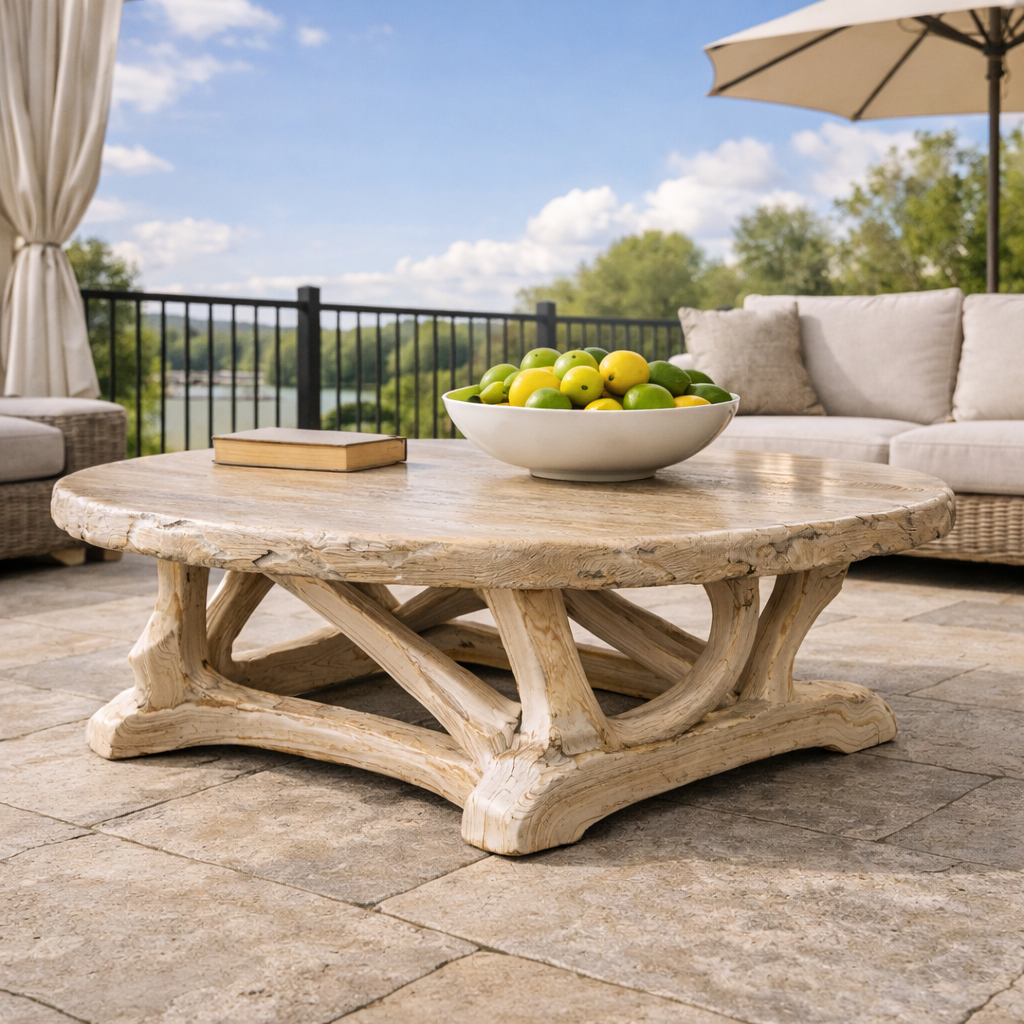 Handcrafted Driftwood Style Round Coffee Table Sculptural Coastal Living Room Interior SINLKICF293