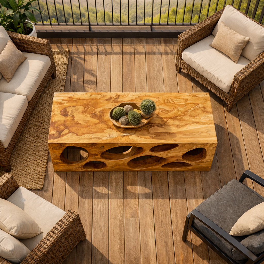 Organic Hollow Carved Solid Wood Coffee Table Sculptural Statement Warm Living Room Interior SINLKICF300