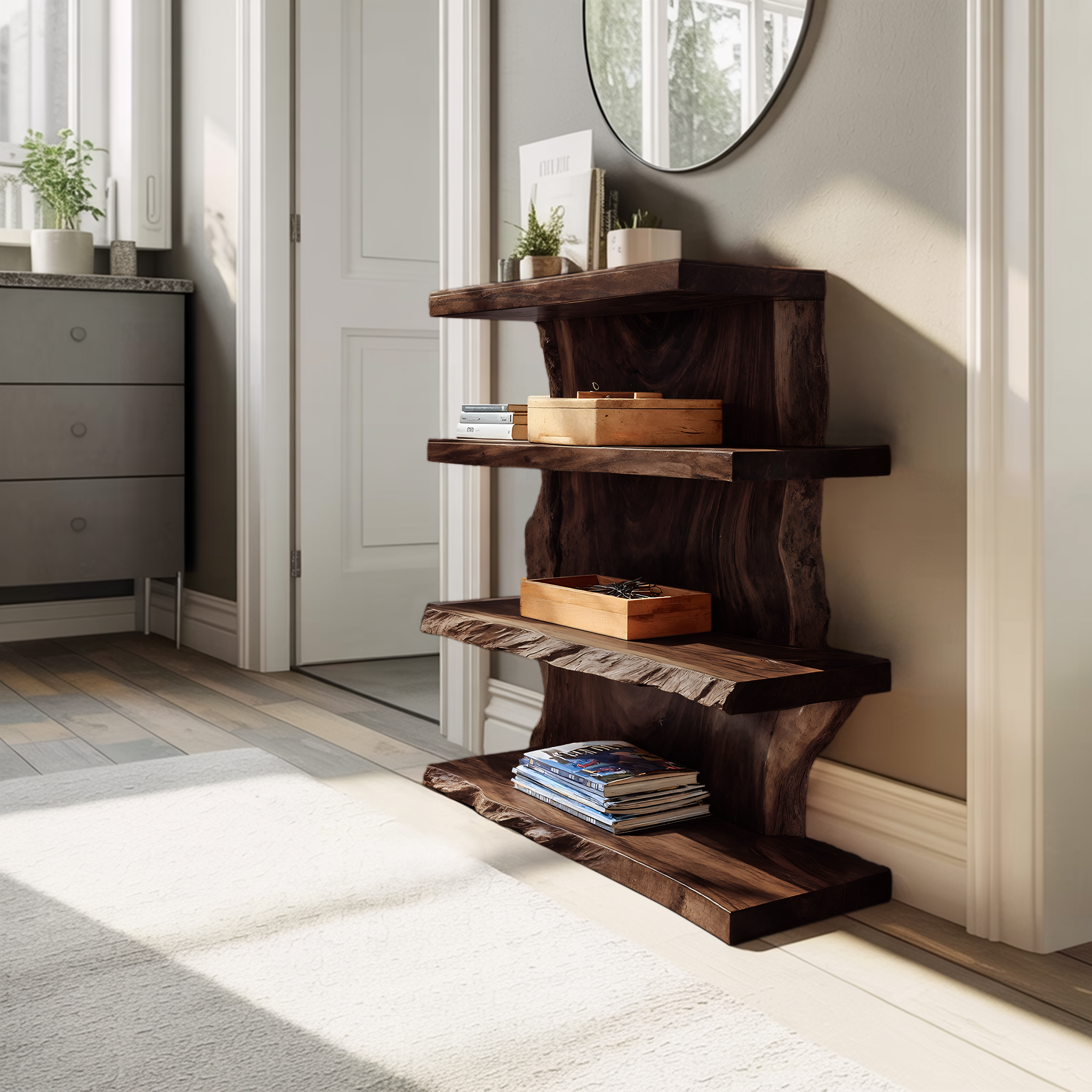 Modern Wooden Live Edge Standing Shelf For Entryway Storage Decor SILDTTNFGS013