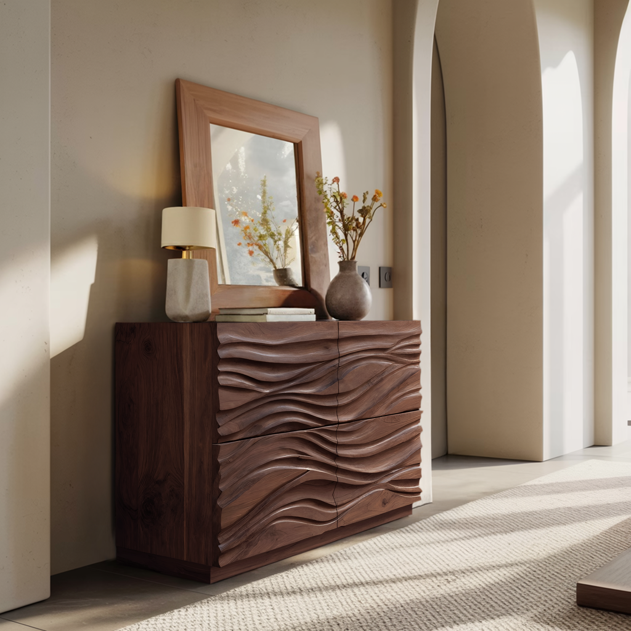 Handcrafted Sideboard Carved Wave Design For Living Decor RTTHHNSD007