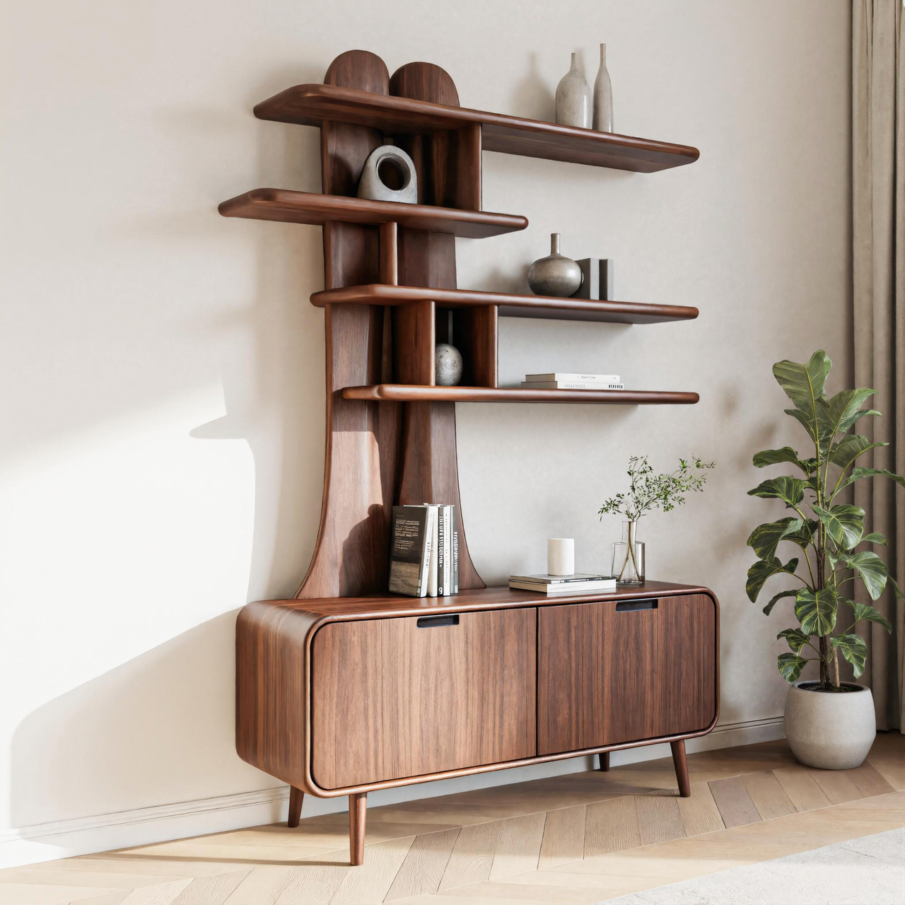 Mid Century Modern Wooden Bookshelf With Storage Cabinet For Living Room Or Study SITHTTBS019