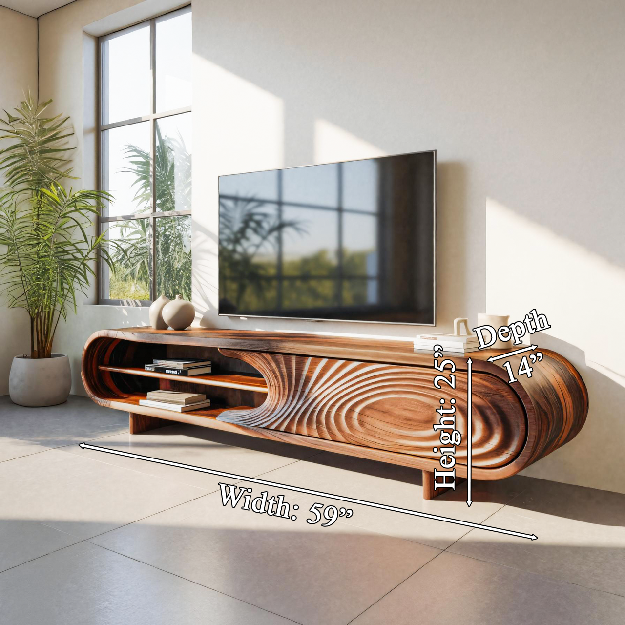 Modern Sculptural Wood TV Stand With Curved Grain Pattern For Living Room SITHTTTVC010