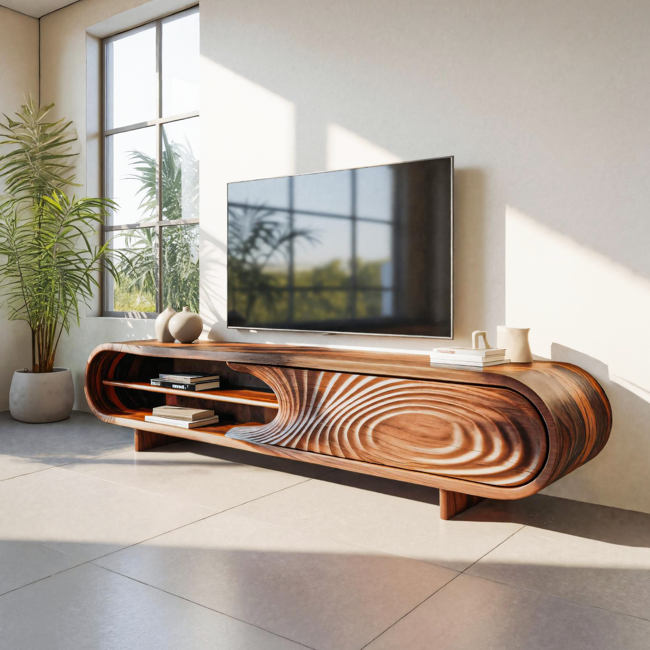 Modern Sculptural Wood TV Stand With Curved Grain Pattern For Living Room SITHTTTVC010
