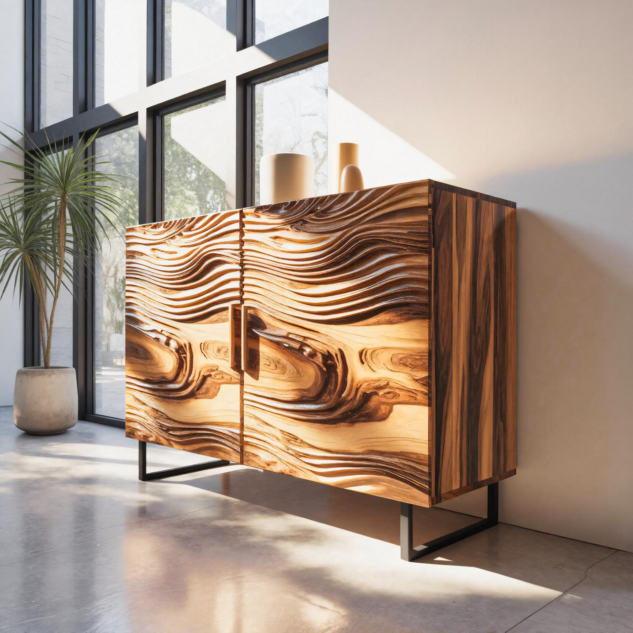 Modern Wavy Wood Sideboard Sculptural Cabinet For Entryway Or Living Room SITHTTSD007