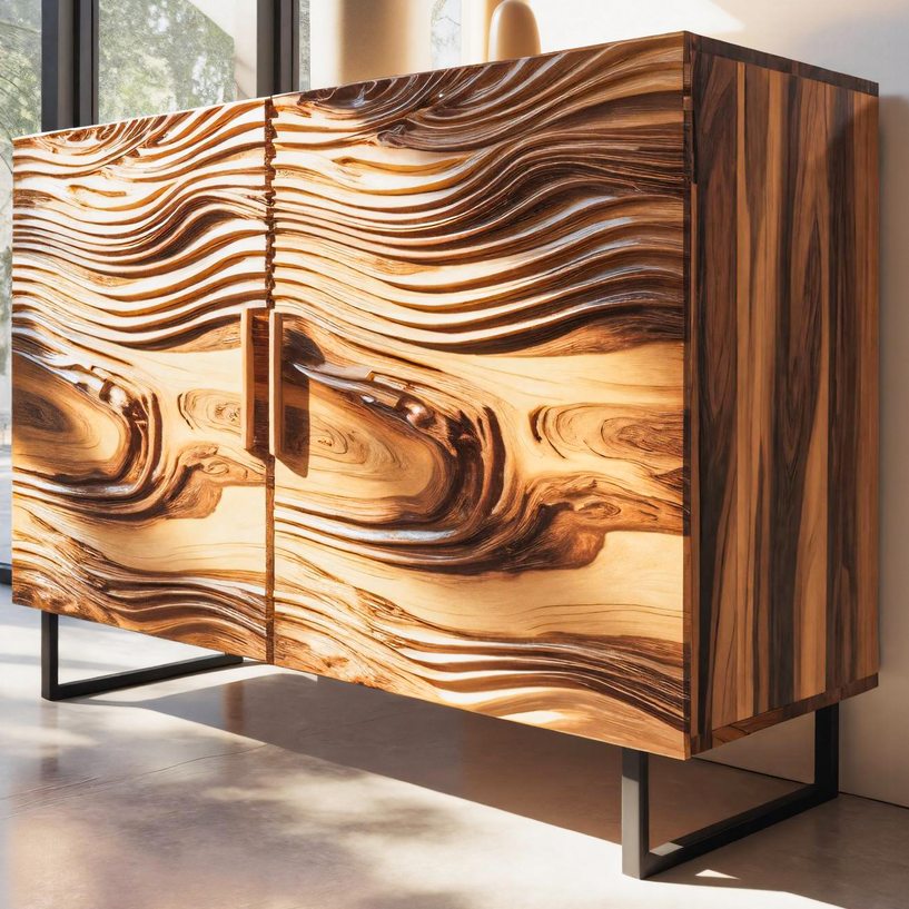 Modern Wavy Wood Sideboard Sculptural Cabinet For Entryway Or Living Room SITHTTSD007