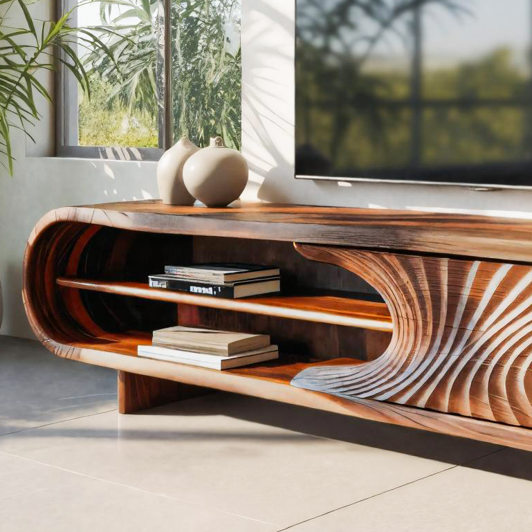 Modern Sculptural Wood TV Stand With Curved Grain Pattern For Living Room SITHTTTVC010