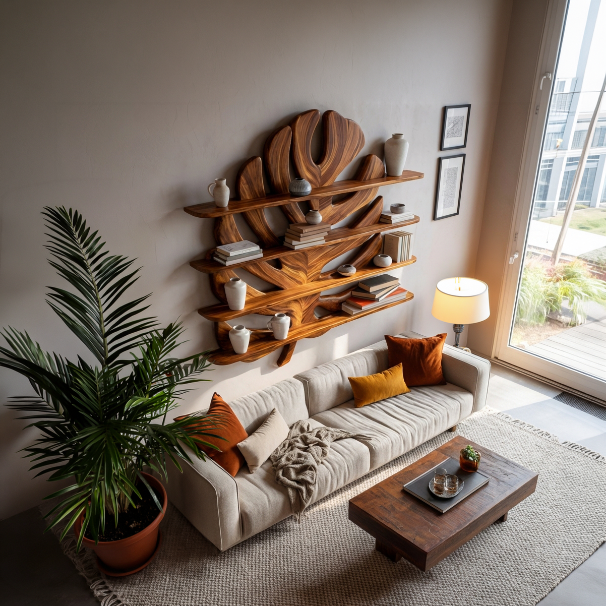 Modern Wooden Tropical Monstera Leaf Floating Bookshelf For Office RTTHTTBS088