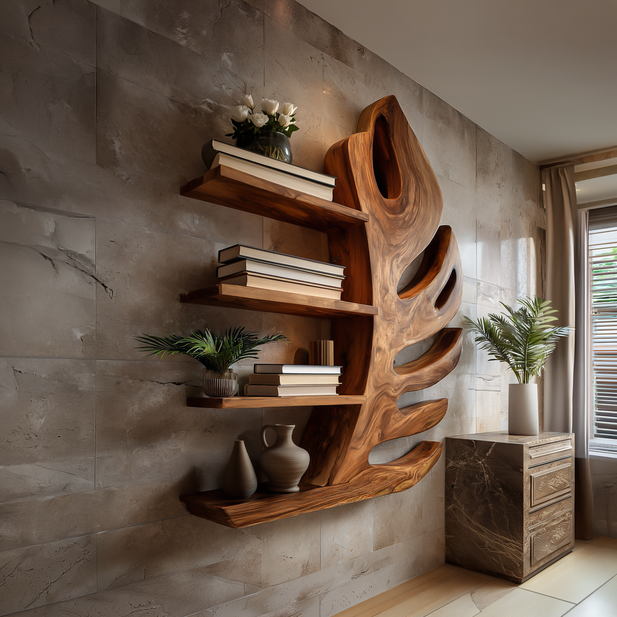 Organic Wooden Botanical Leaf Floating Bookshelf For Living Furniture RTTHTTBS097