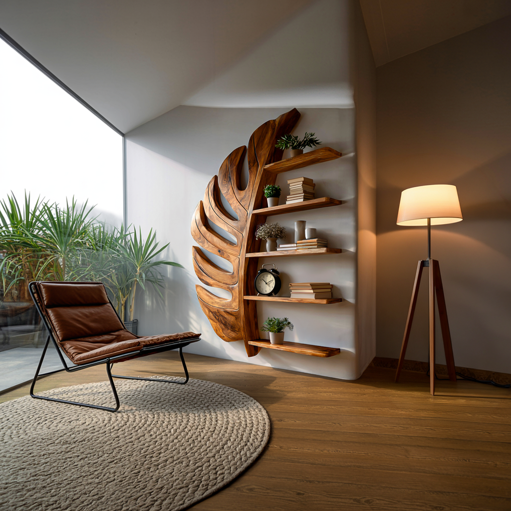 Artistic Wooden Leaf Statement Wall Bookshelf For Elegant Interiors RTTHTTBS093