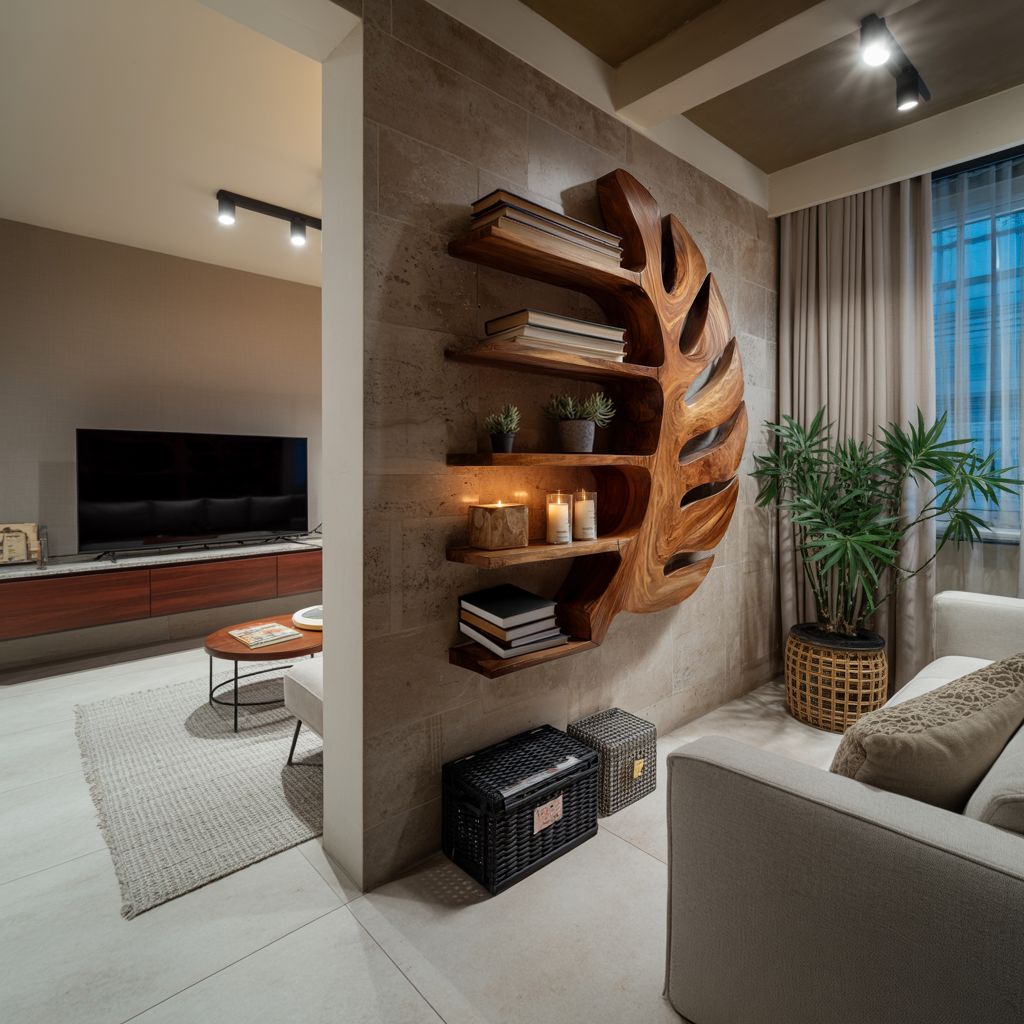 Sculptural Wood Monstera Leaf Bookshelf For Contemporary Interior RTTHTTBS106