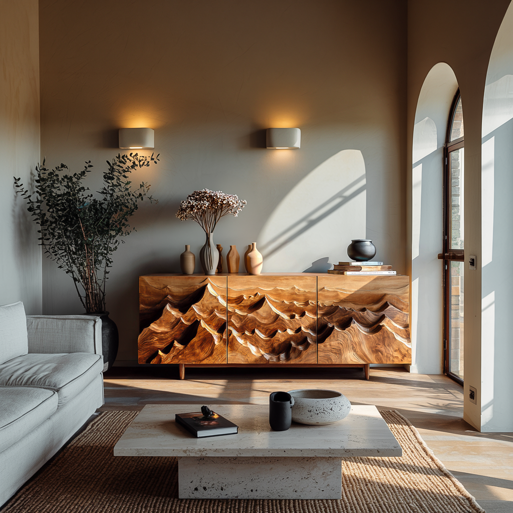 Modern Sideboard With Layered Mountain Carving For Living Room RTTHTTSD046
