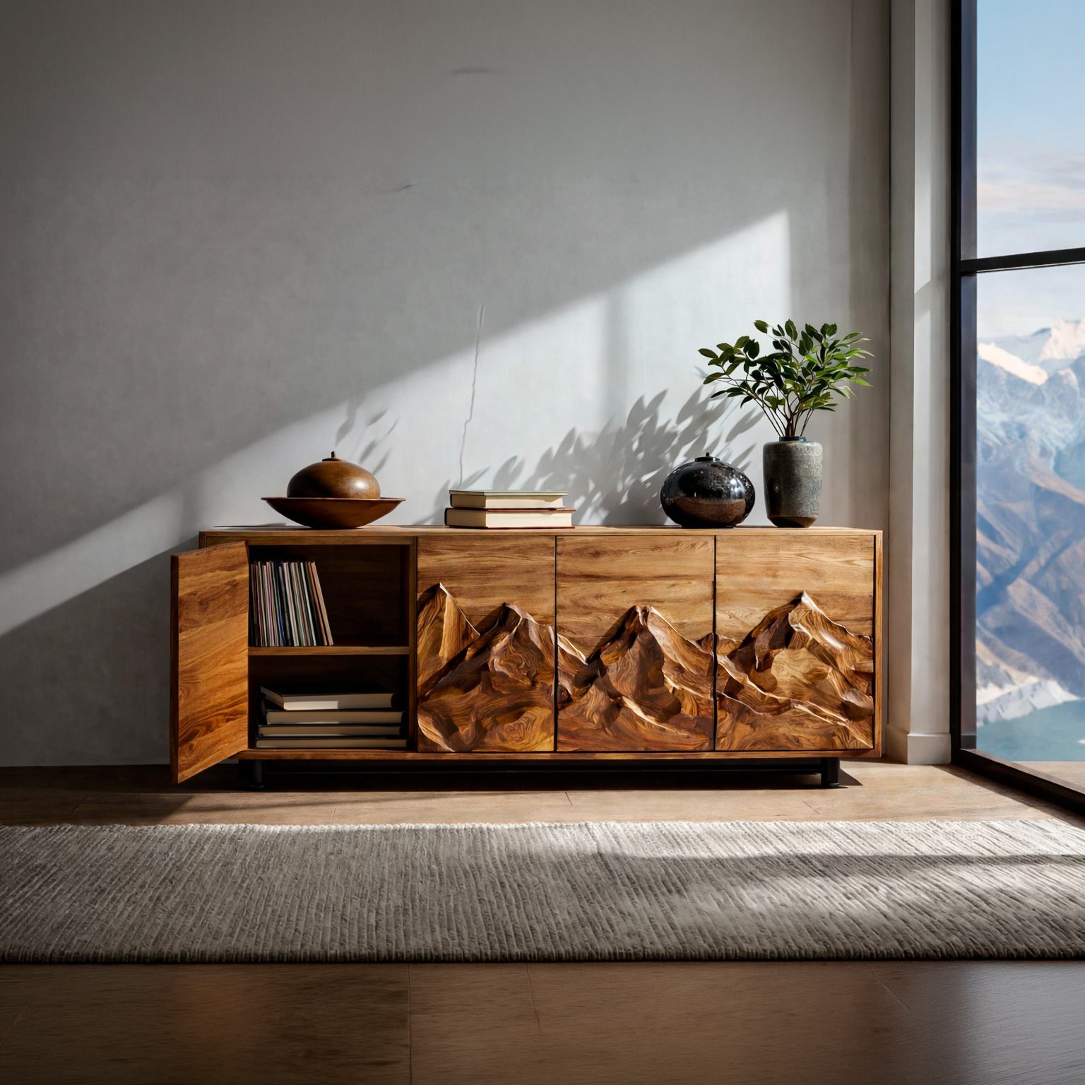 Statement Wooden Sideboard With Mountain Landscape Doors For Interior RTTHTTSD047