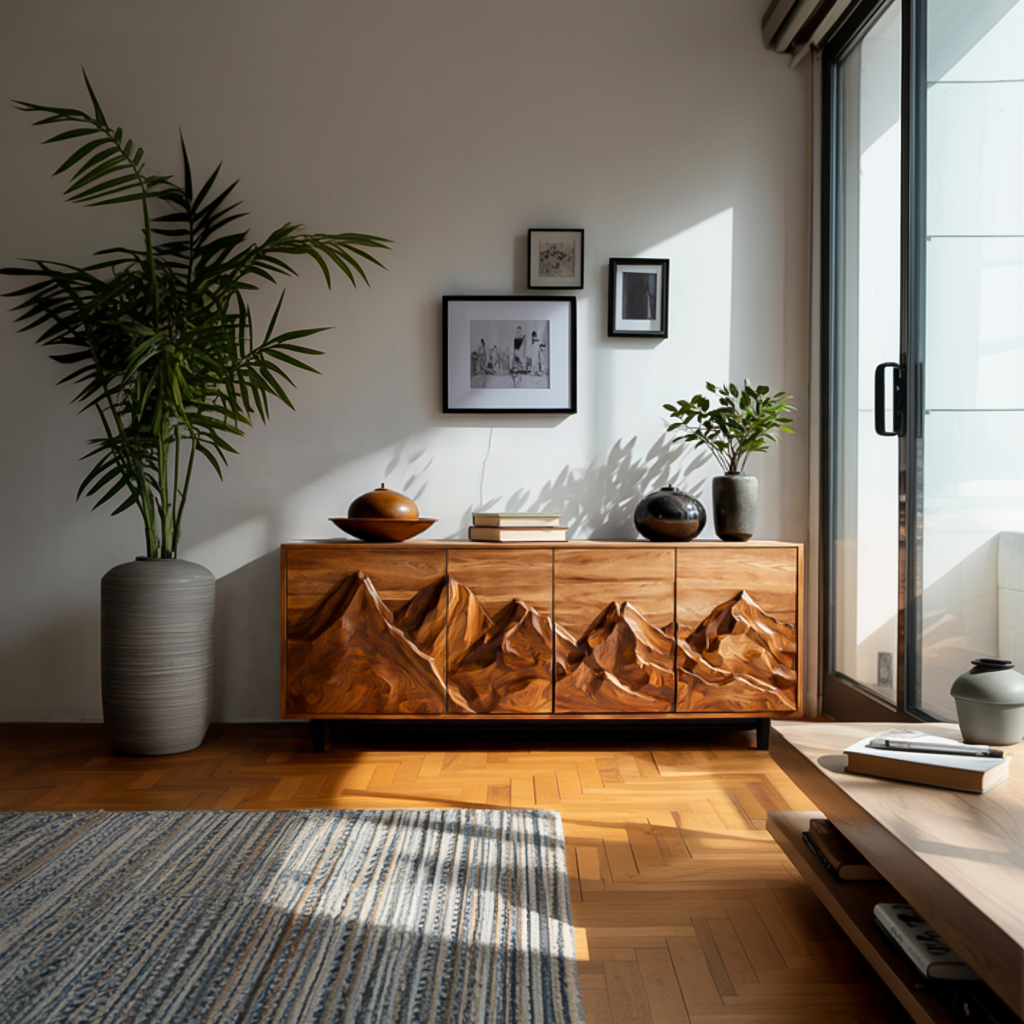 Statement Wooden Sideboard With Mountain Landscape Doors For Interior RTTHTTSD047