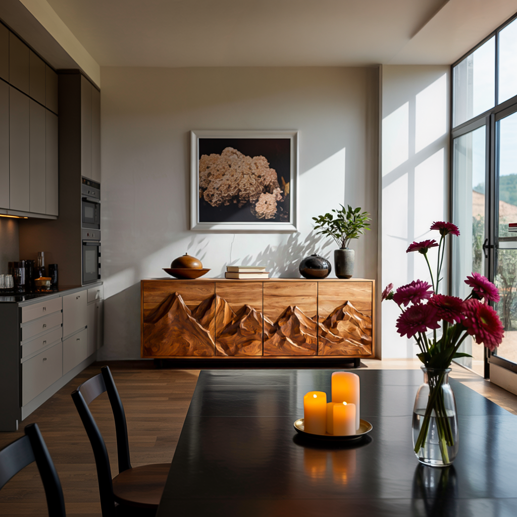 Statement Wooden Sideboard With Mountain Landscape Doors For Interior RTTHTTSD047
