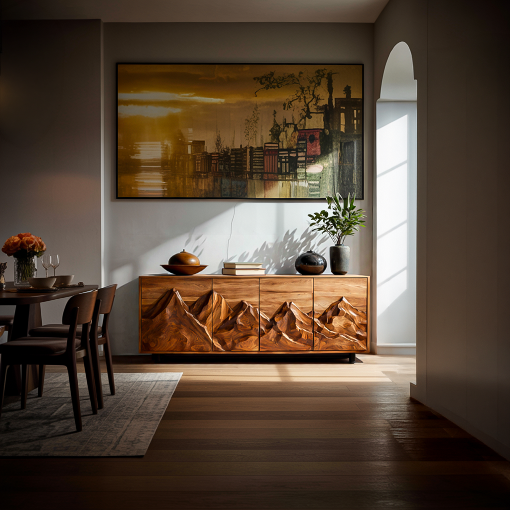 Statement Wooden Sideboard With Mountain Landscape Doors For Interior RTTHTTSD047