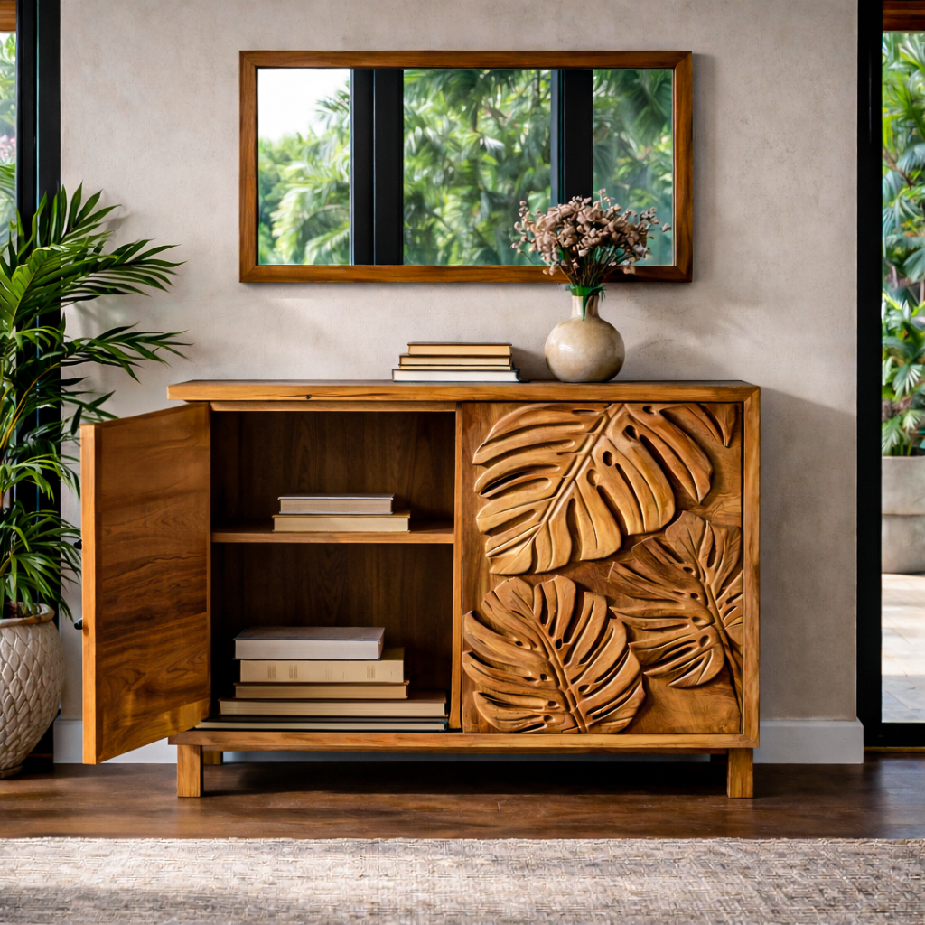 Modern Wooden Sideboard With Leaf Carved Doors For Home RTTHTTSD050