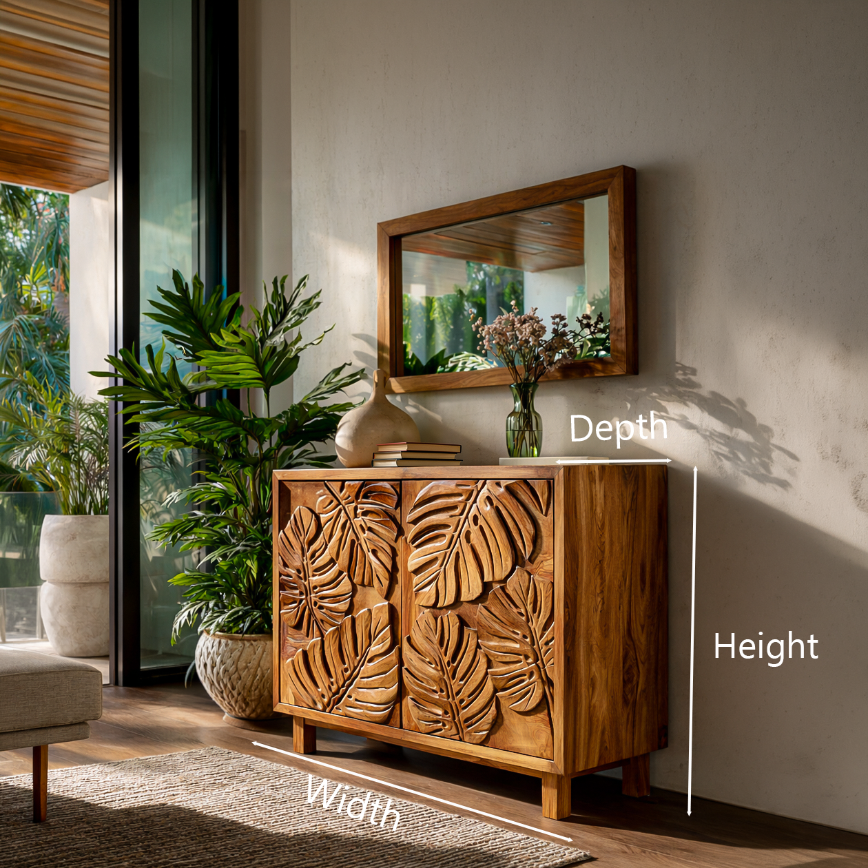 Modern Wooden Sideboard With Leaf Carved Doors For Home RTTHTTSD050