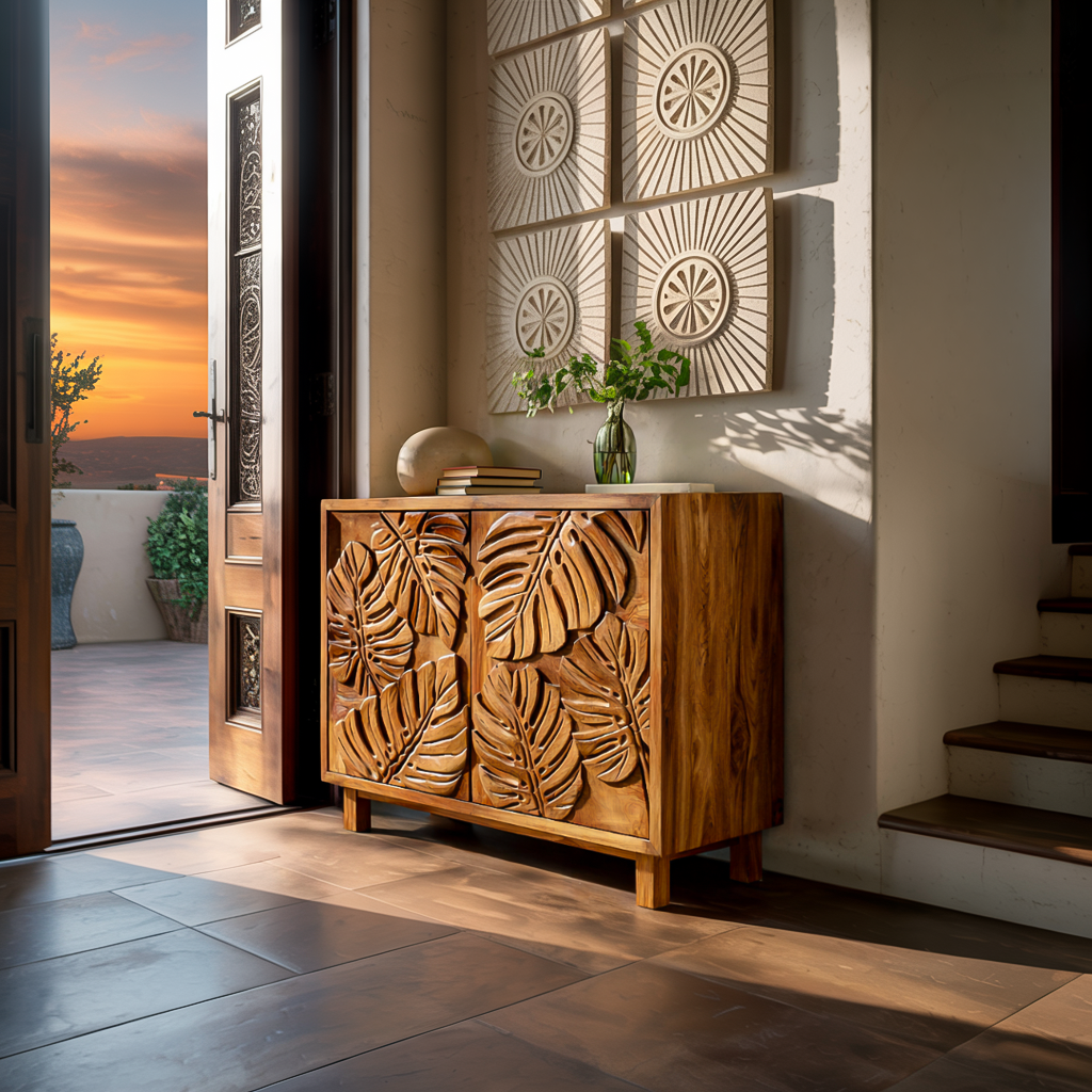 Modern Wooden Sideboard With Leaf Carved Doors For Home RTTHTTSD050
