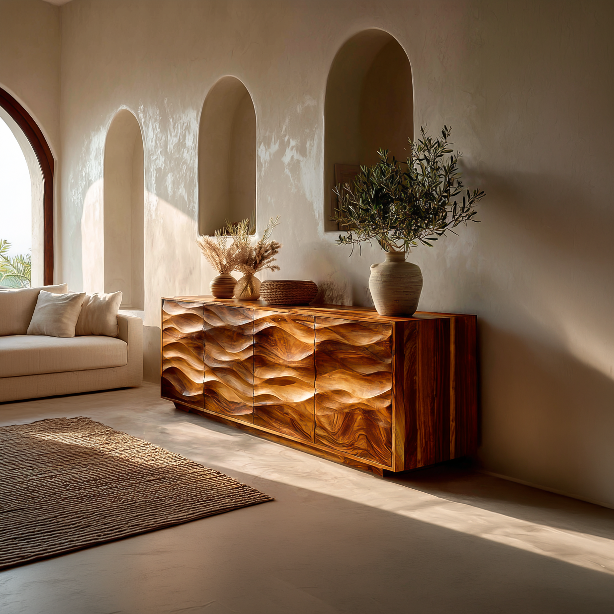 Minimalist Wooden Wave Carved Sideboard For Home RTTHTTSD051
