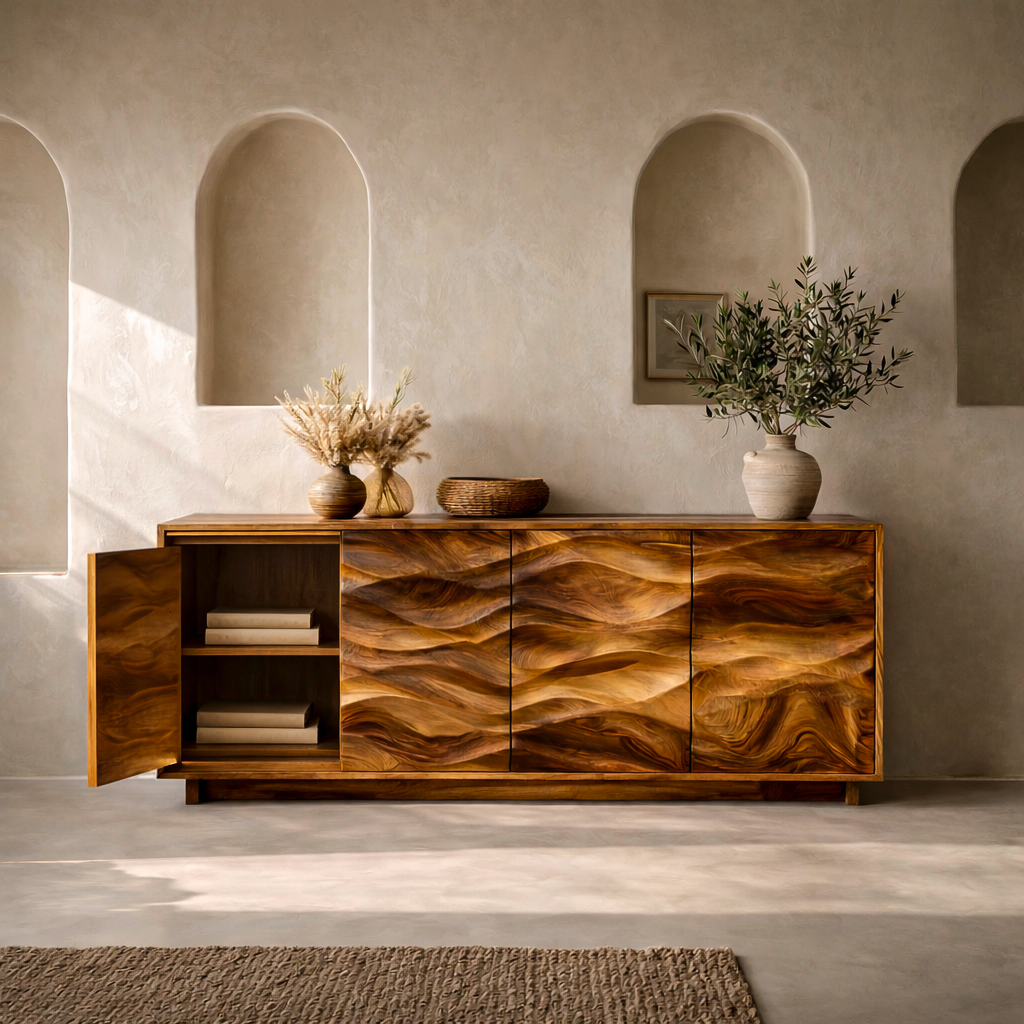 Minimalist Wooden Wave Carved Sideboard For Home RTTHTTSD051