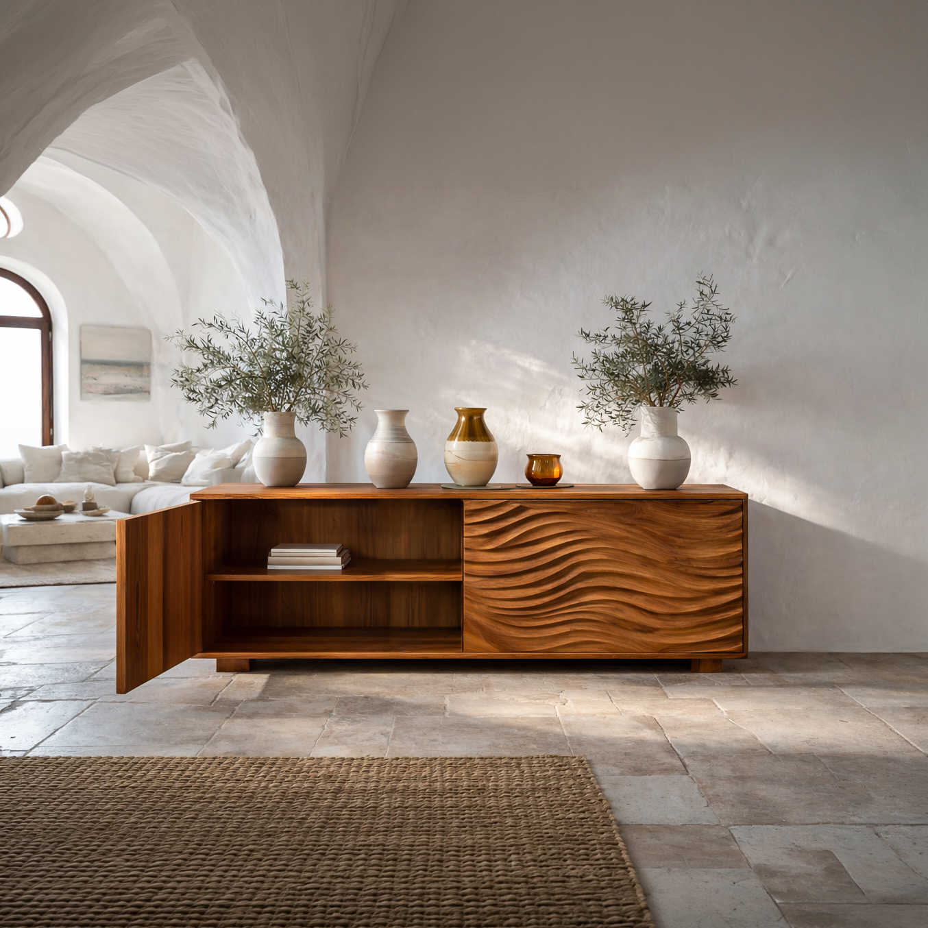 Handcrafted Wooden Sideboard With Sculpted Wave For Living Room RTTHTTSD053