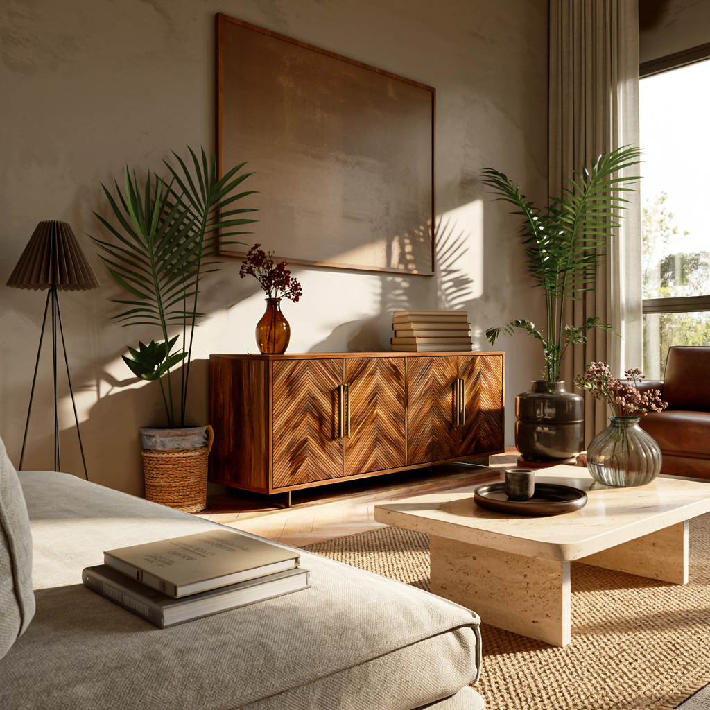 Sculptural Wood Sideboard With Layered Wave For Luxury Home RTTHTTSD059