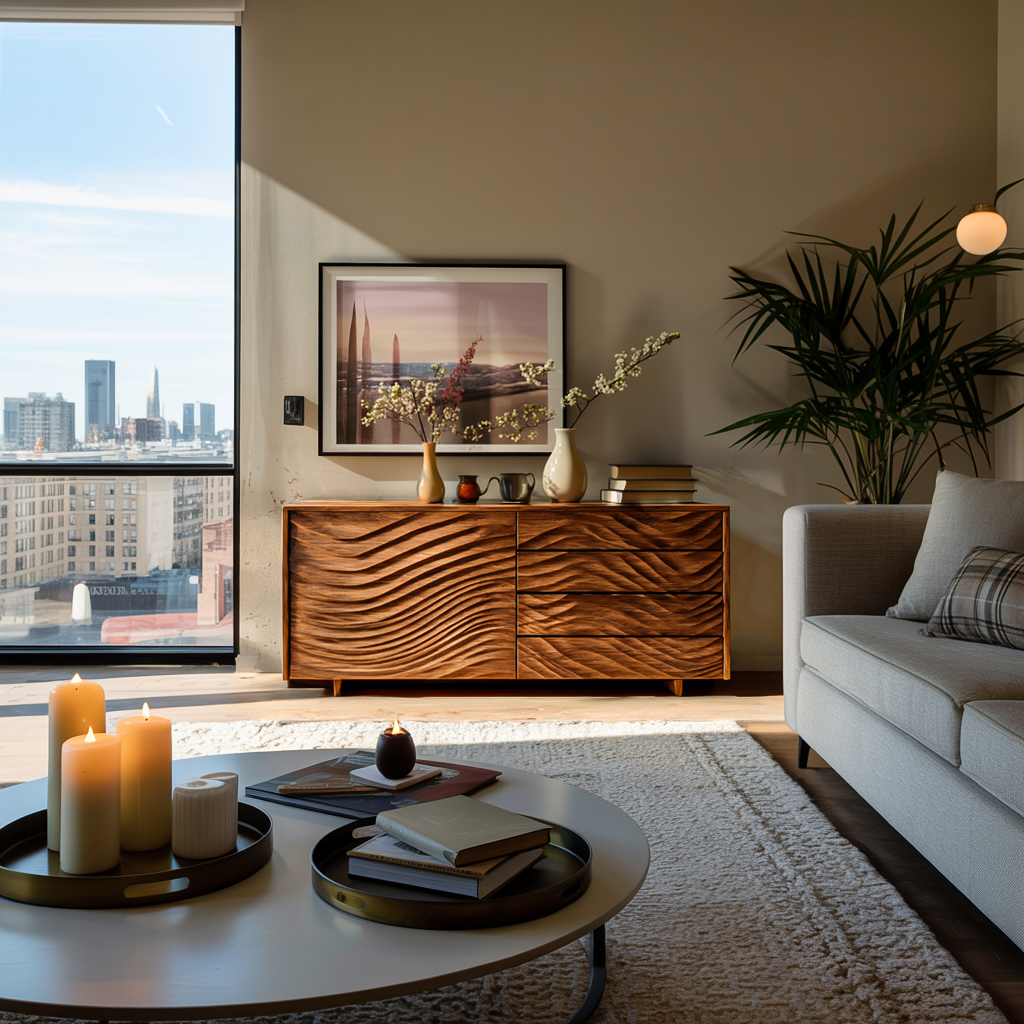 Wooden Sideboard With Sculpted Wave Doors For Modern Interior RTTHTTSD061