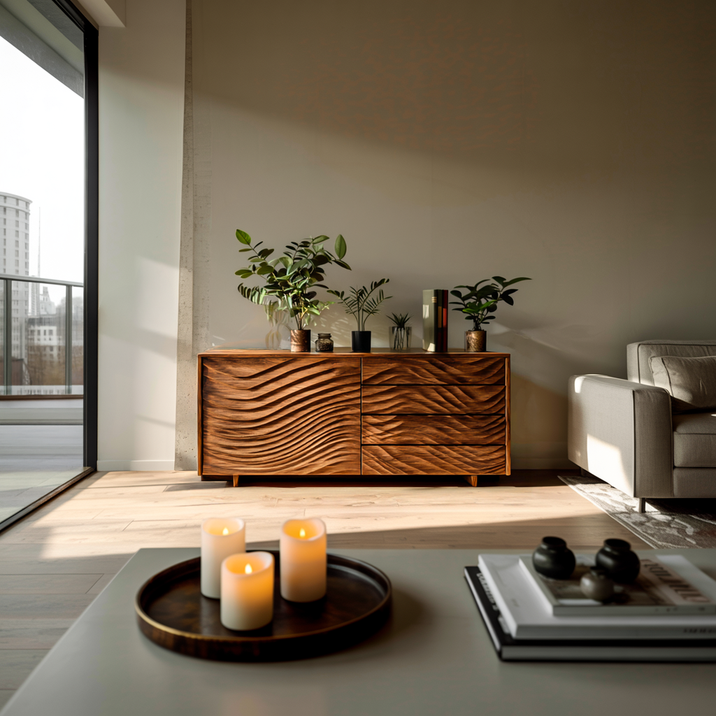 Wooden Sideboard With Sculpted Wave Doors For Modern Interior RTTHTTSD061