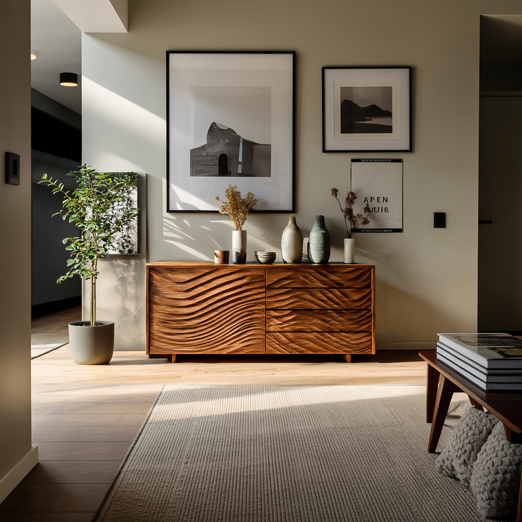 Wooden Sideboard With Sculpted Wave Doors For Modern Interior RTTHTTSD061