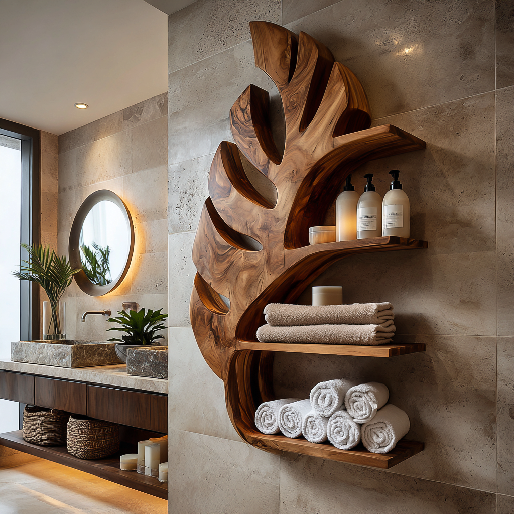 Organic Wooden Leaf Wall Mounted Bathroom Shelf For Spa RTTHTTBAS050