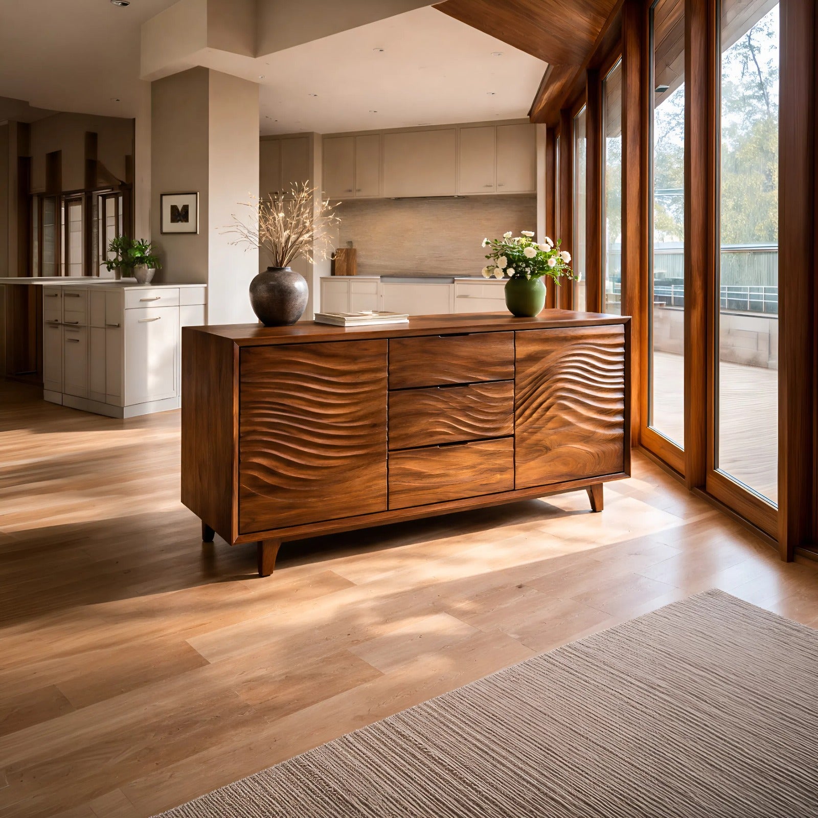 Modern Wood Sideboard With Wave Carving For Minimalist Home RTTHTTSD062