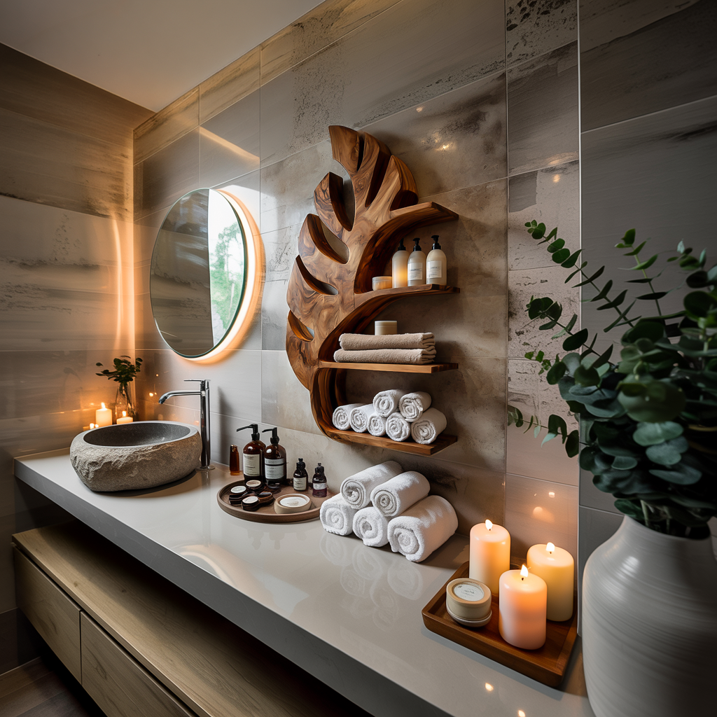 Organic Wooden Leaf Wall Mounted Bathroom Shelf For Spa RTTHTTBAS050