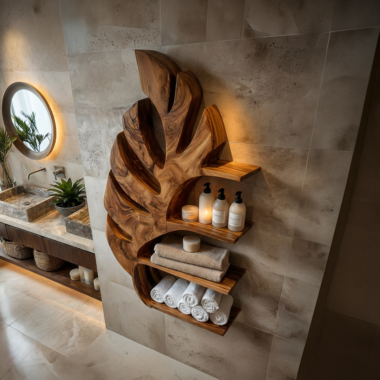 Organic Wooden Leaf Wall Mounted Bathroom Shelf For Spa RTTHTTBAS050