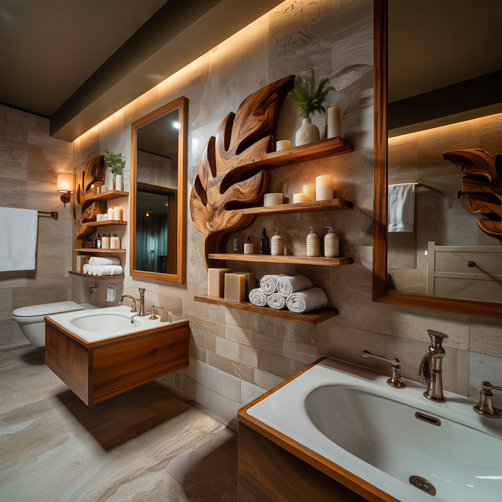 Modern Wooden Leaf Bathroom Shelf For Bathroom Interior RTTHTTBAS053