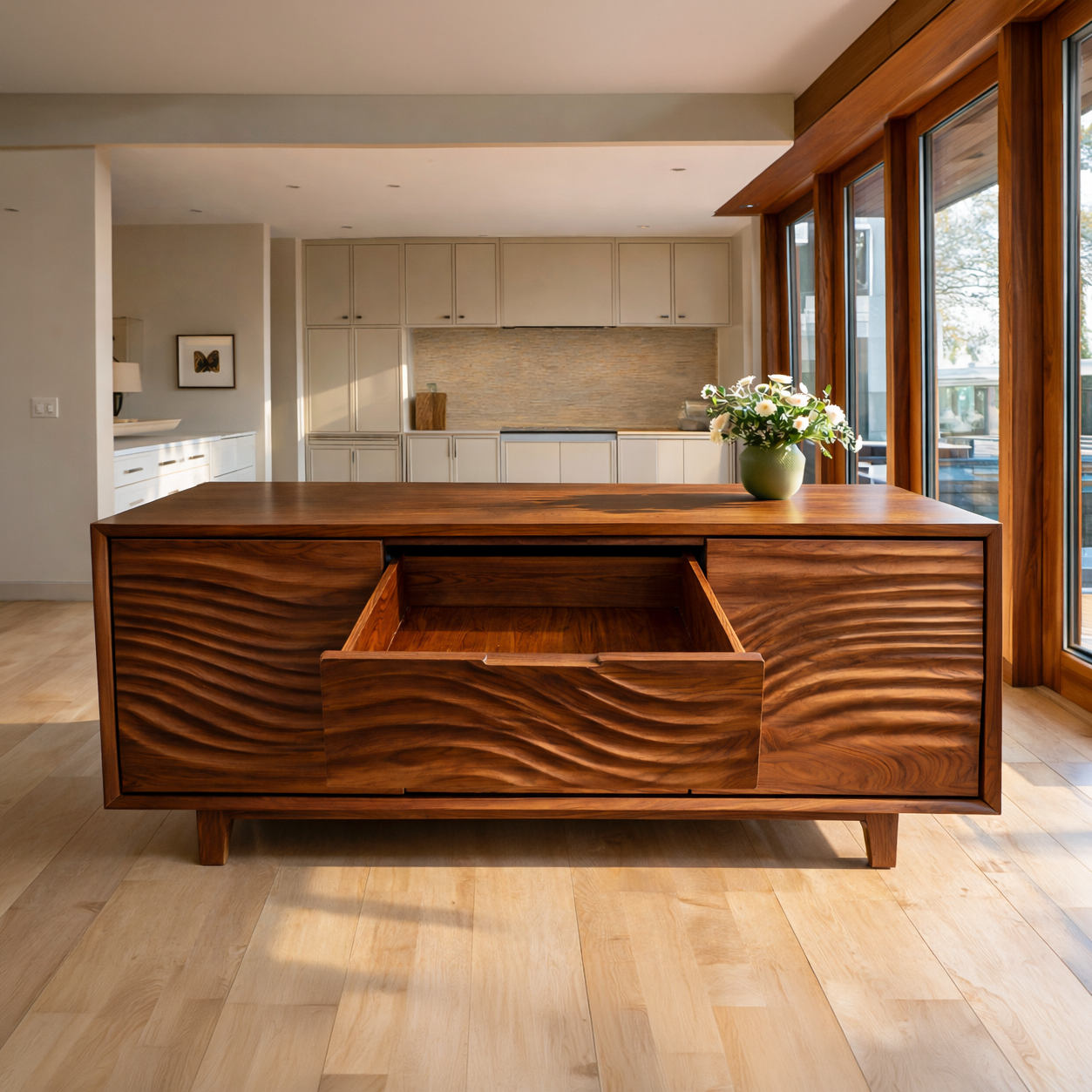 Modern Wood Sideboard With Wave Carving For Minimalist Home RTTHTTSD062