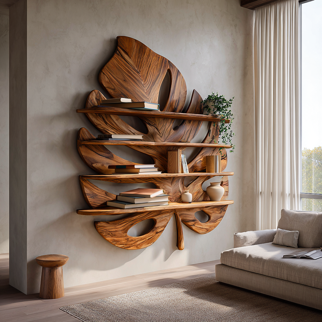 Artistic Wooden Tropical Leaf Wall Mounted Bookshelf For Home Decor RTTHTTBS081