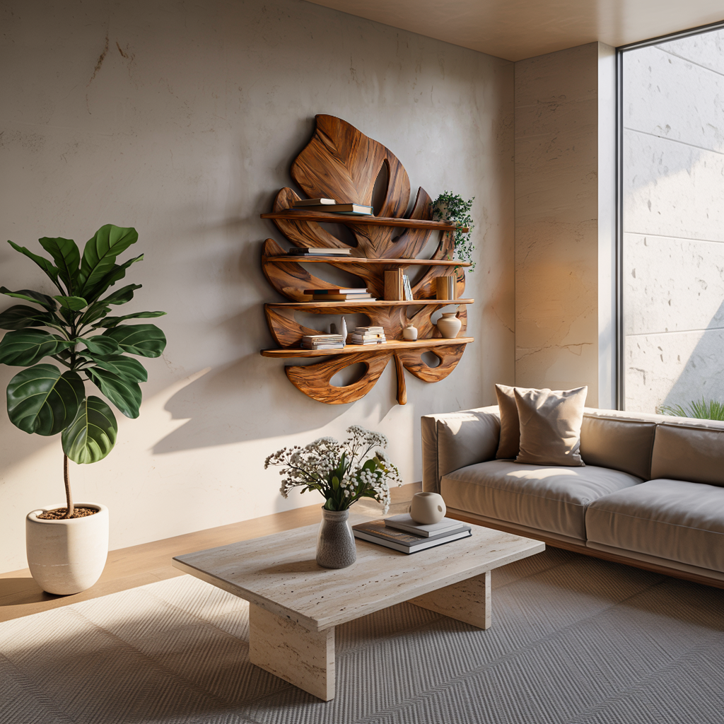Artistic Wooden Tropical Leaf Wall Mounted Bookshelf For Home Decor RTTHTTBS081
