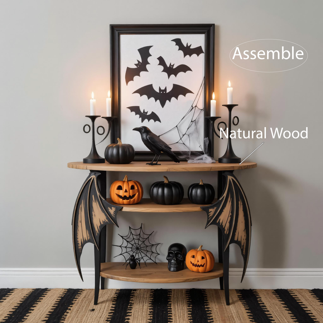 Halloween Wooden Console Table With Bat Wing Legs And Shelves For Entryway Decoration SITHHNHW002