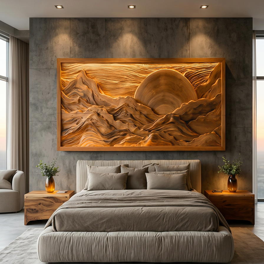 Modern Wood Mountain Sunset Wall Art For Living Room RTTHTTWA118